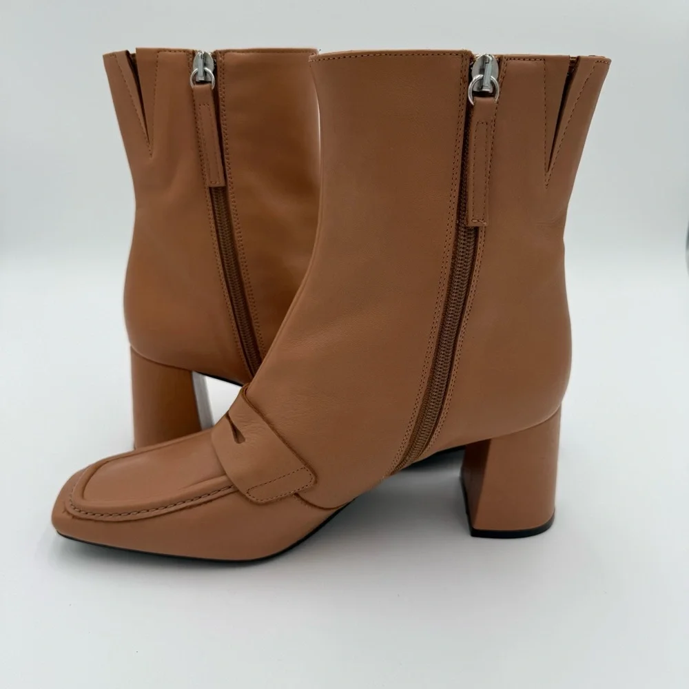 Angel‎ Alarcon Square Toe Chunky Block Heeled Ankle Boots Booties Camel 8 NWOT